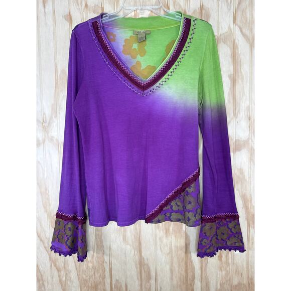 Peck & Peck Weekend Shirt Floral Bead Neckline Vintage Y2K Large Stretchy - Picture 7 of 7